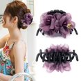 thumbnail image 1 of Pinzas de pelo de plástico para mujer, con diseño francés de flores y perlas, con forma de plátano, accesorios para niñas, horquillas grandes con agarre fuerte (rosa) y morado., 1 of 6