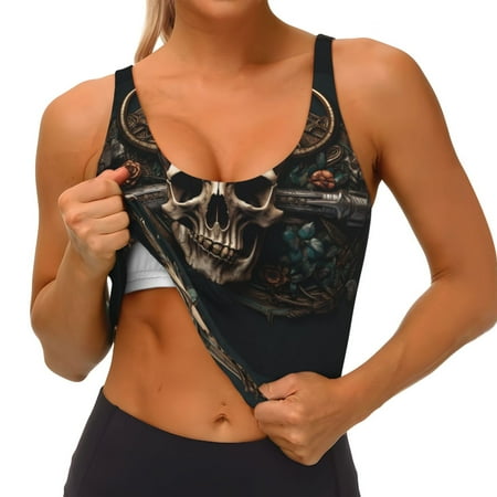 Qokaie Metal Style Horned Skull Pattern Womens Scoop Neck Sports Bra Breathable Workout Vest Padded U Back Medium Impact Fitness Gym Yoga Bra Workout Crop Top