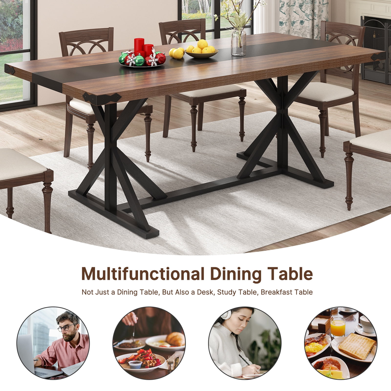 Blotout 79" Modern Farmhouse Dining Table for 8-10 People, Rectangular Wood Dining Table with Wood Strip Base, Long Kitchen Table for Dining Room, Gathering, Kitchen (Brown)