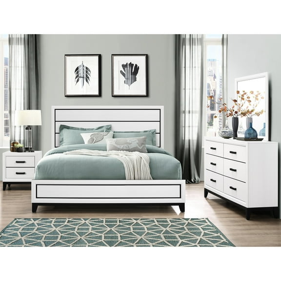 Queen Bedroom 5pc In White Finish With Low Profile Bed, Chest, Dresser, Mirror, Nightstand, Made Of Rubberwood, Wood Frame, Transitional Style Bed White, Frame Decor