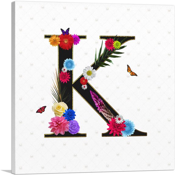 ARTCANVAS Flower Plant Butterfly Alphabet Letter K Canvas Art Print - Size: 12" x 12" (0.75" Deep)