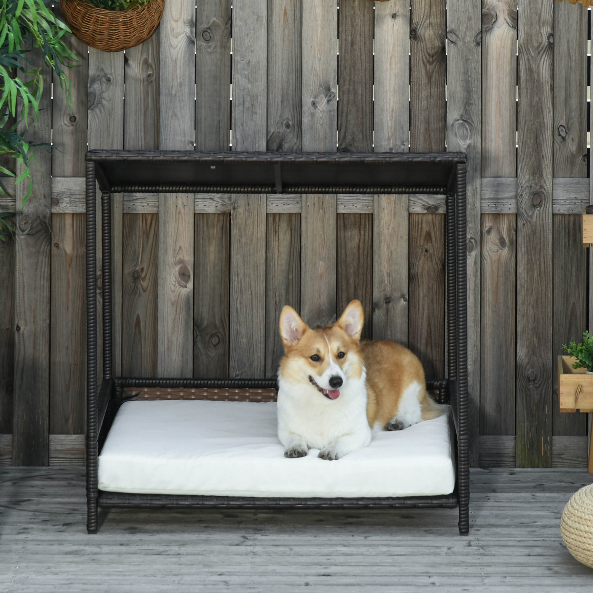 Pawhut Wicker Dog House Raised Rattan Dog Cat Bed with Cushion, Medium Sized, Brown