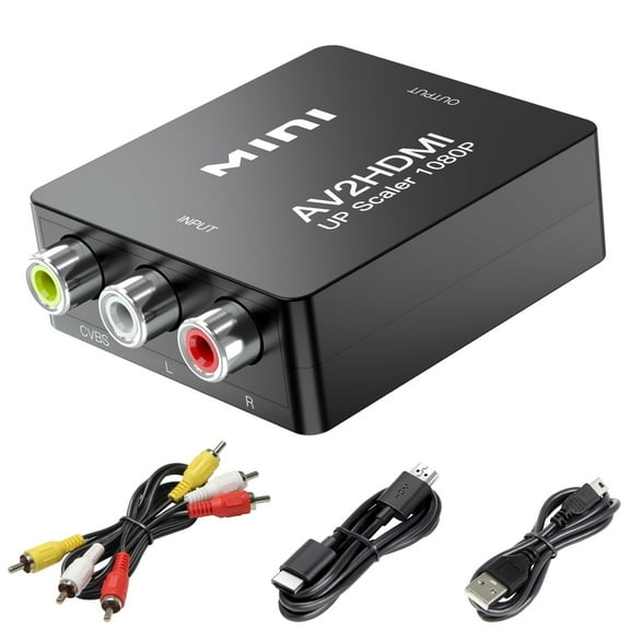 Mini RCA to HDMI Converter with HDMI and RCA Cables, Composite CVBS AV to HDMI scaler Converter Adapter, Supports 720P/ 1080P Output Switch for PS2 N64 Wii STB VHS VCR Camera DVD
