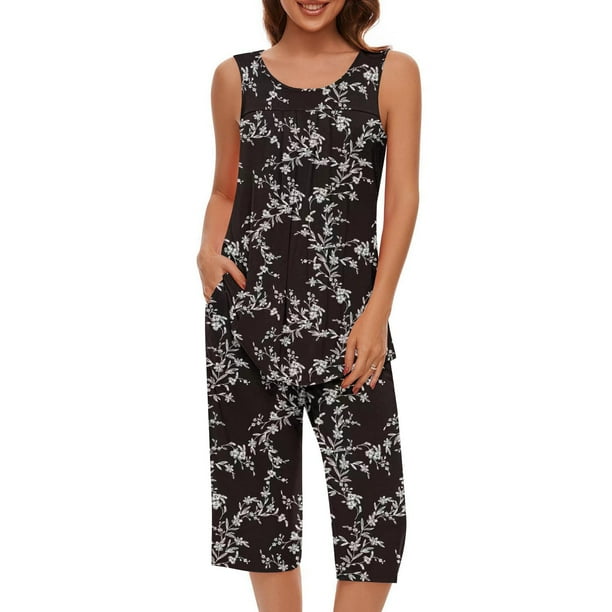 Conjunto de Ropa de Salón para Mujer Cuello Redondo Blusa sin Mangas Sólida Y Pantalones Cortos de Cintura Elástica Pantalones, Pantalones Cortos de Verano para Mujeres