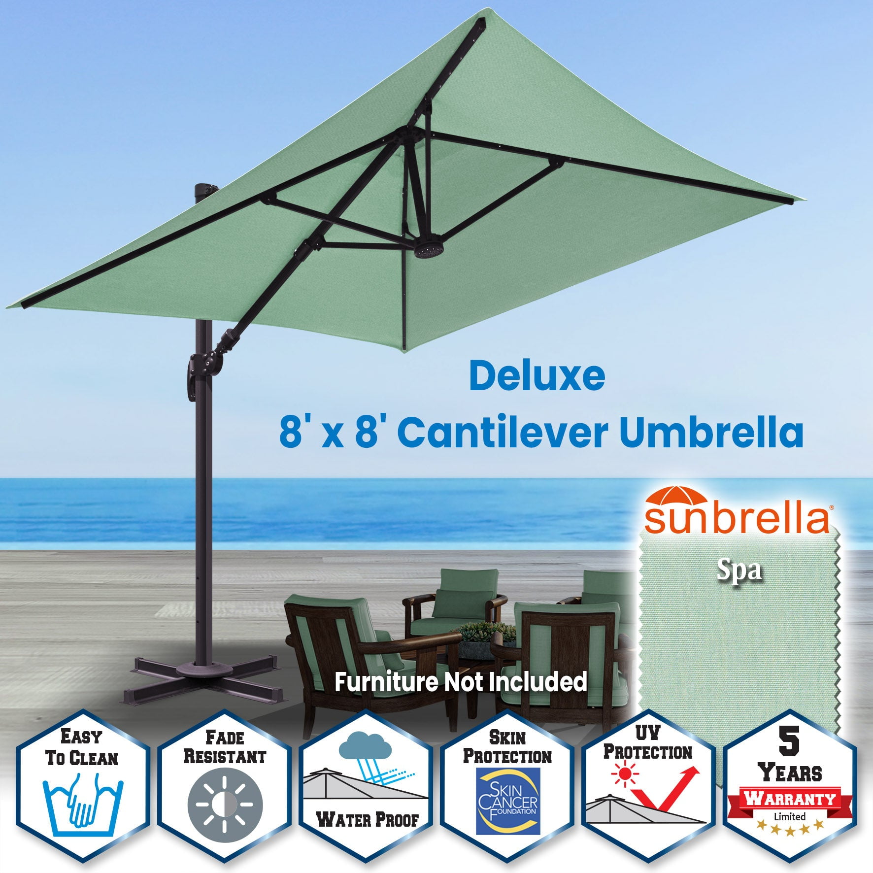 SUNNYOUTDOOR 8'x8' Deluxe Cantilever Umbrella LED Lighted Umbrella Sunbrella Cover Patio Umbrella Garden Outdoor (Spa)