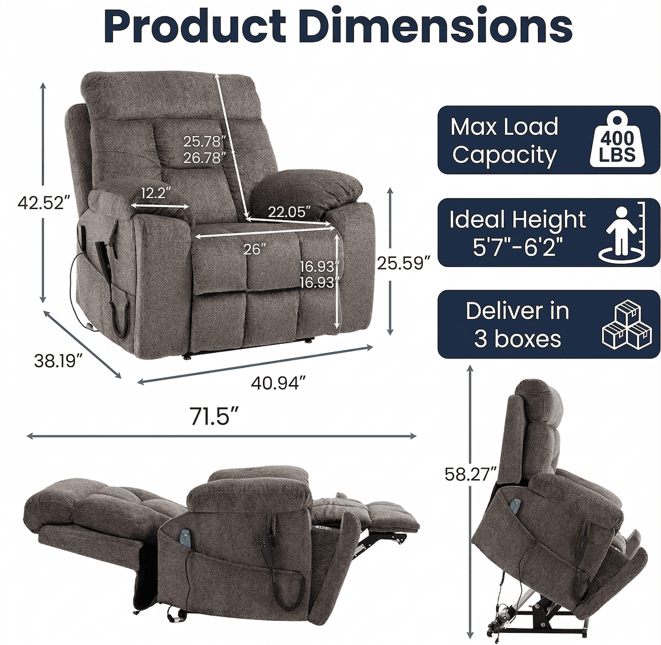 Lift Recliner Chair with Dual Motor, Oversized Power Lift Recliner for Elderly, Heat and Massage, 26" Wide Seat Big and Tall Recliner, 180° Lay Flat Electric Chair, 400 LBS, Brown