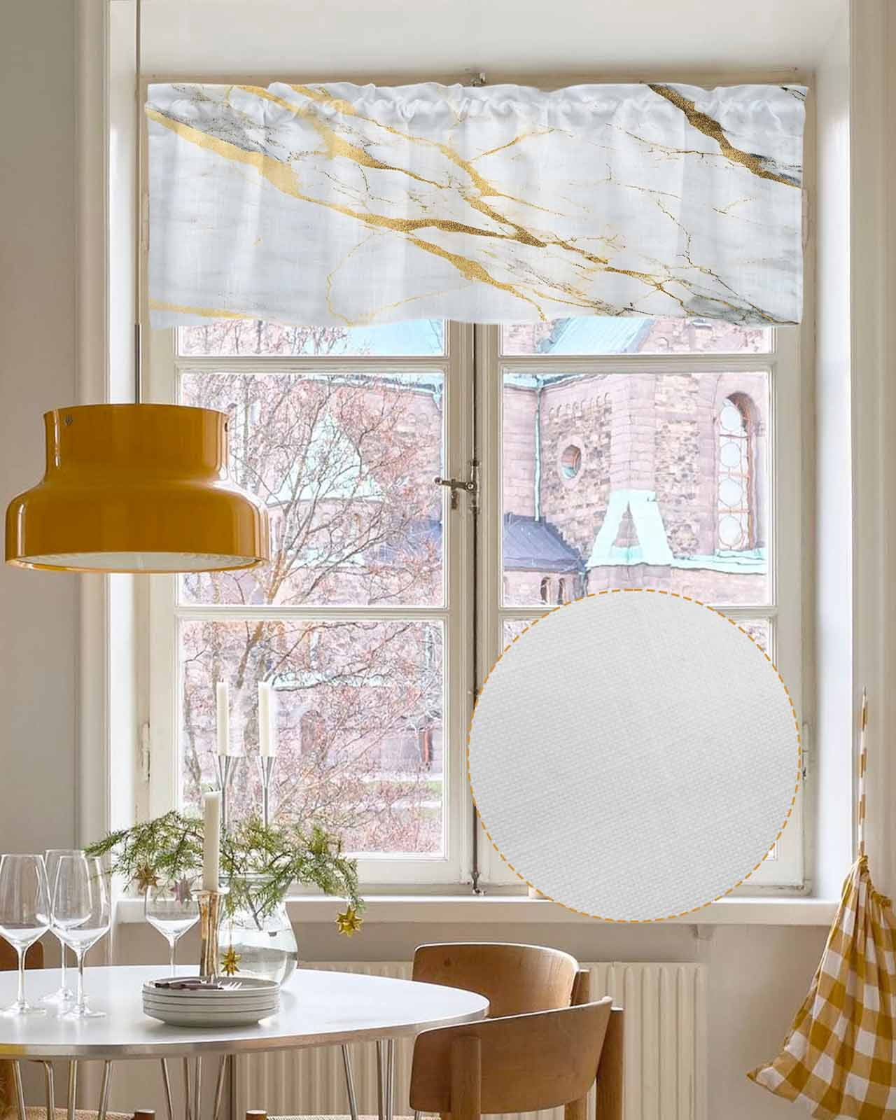 Marble White Gold Kitchen Valances for Windows Farmhouse Linen Window Valance Curtain for Living Room Window Treatment Modern Marbles Geometric Valance Rod Pocket Topper Drape, 54 x 18 Inch
