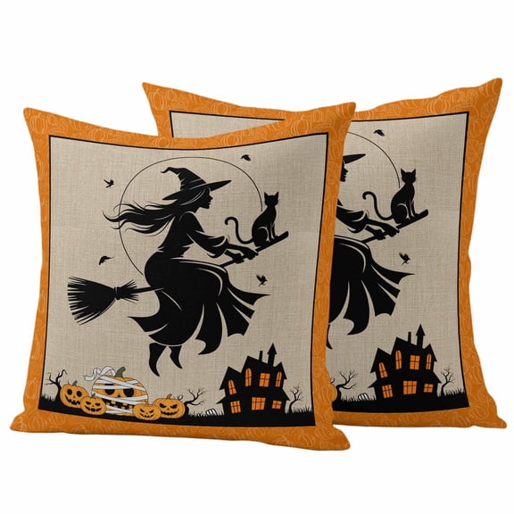 Outdoor Pillow Covers 18 x 18 Inches, Halloween Waterproof Throw Pillow Cover Set of 2, Orange Witch Fall Pumpkin Black Castle Decorative Square Cushion Covers for Patio/Tent/Couch/Garden