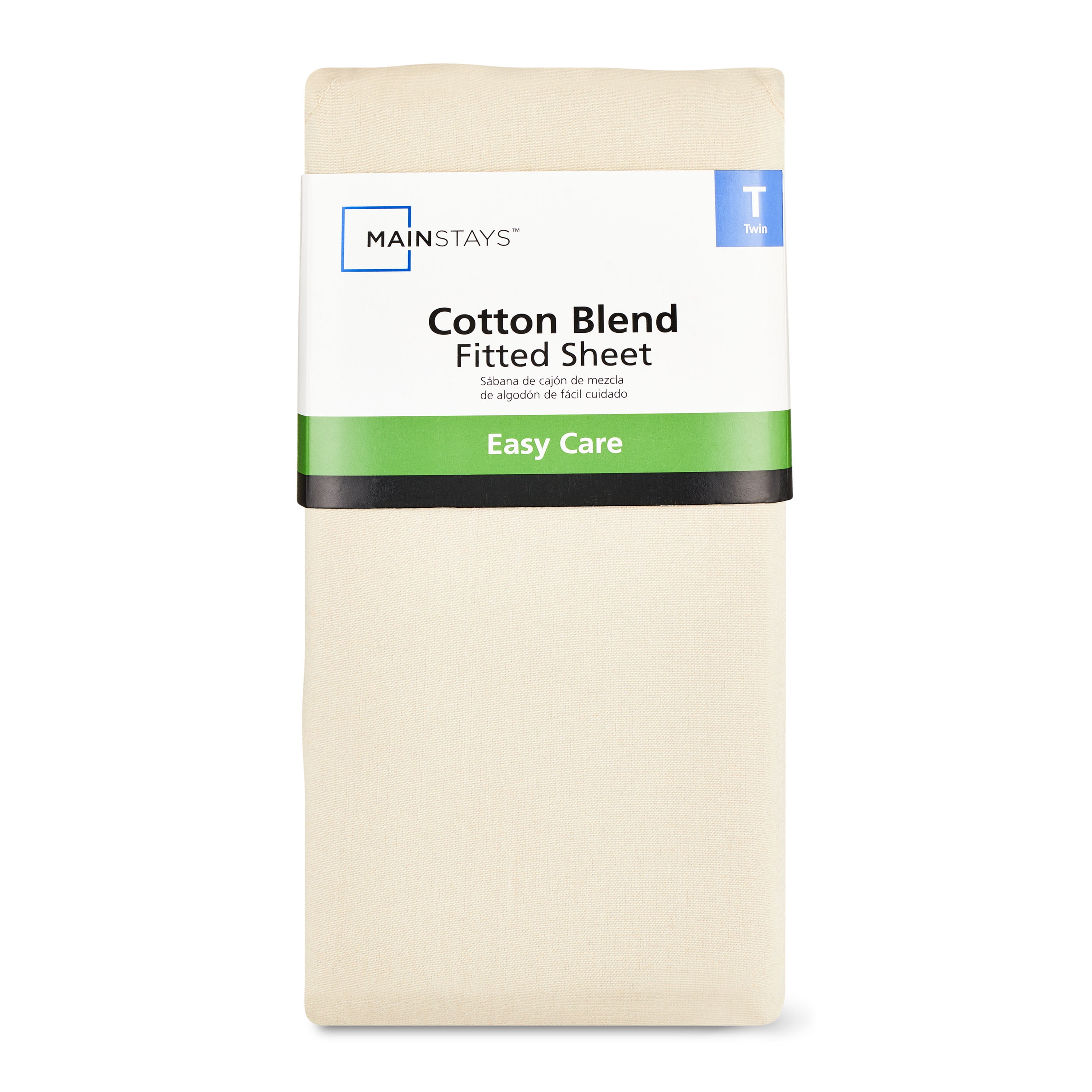 Mainstays 300 Thread Count Easy Care Beige Cotton Blend Percale Fitted Bed Sheet, Twin
