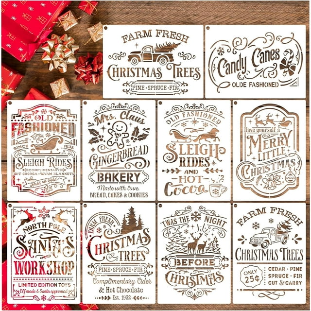 10 plantillas navideñas reutilizables, 8 x 11 pulgadas, gnomo de copo de nieve, plantilla Let It Snow, plantillas grandes de Feliz Navidad para pintar en letreros de madera, manualidades, lienzo, deco