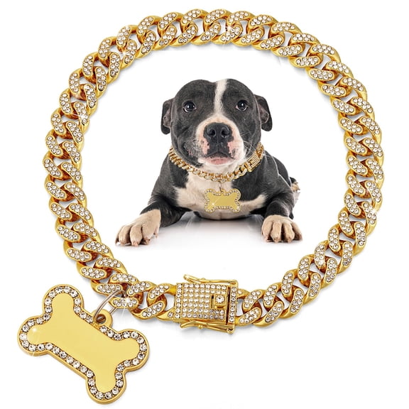 Dog Chain Golden Diamond Collar with Pet Rhinestones Stainless Steel Metal Link Collar Walking Chain Necklace for Puppy Boys Girls Small Dogs(10 Inch)
