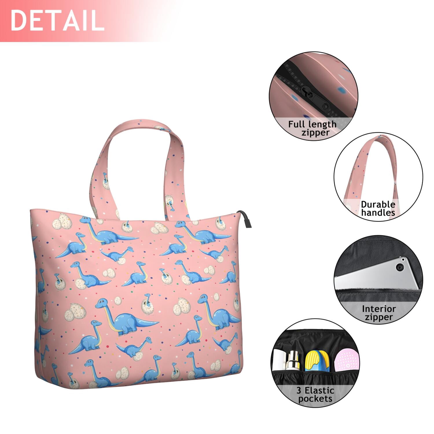 Pink Cartoon Dinosaurs Eggs Pattern Travel Tote Bags for Women Carry On,Large Weekender Bags for Women Travel,Multi Functional Duffle Bag for Work,Shopping,Sports