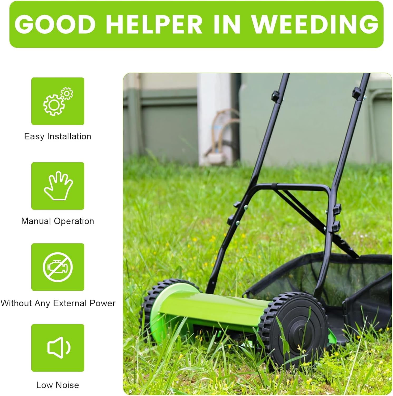 24.01 x 17.32 x 42.91 Inch Manual Lawn Mower, 6 Gallons Adjustable Push Mower 5 PCS Old Fashioned Reel Lawn Mower with U-Shaped Handle & Extension Pipes Rotary Mower for Sidewalks, Driveway