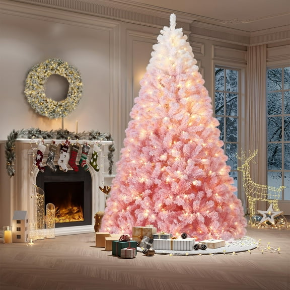 4.5FT/6FT/7.5FT/9FT Pink Christmas Tree, Snow Flocked Artificial Christmas Tree with LED Warm White Lights & Metal Stand, Prelit Xmas Holiday Decoration for Home, Office, Party