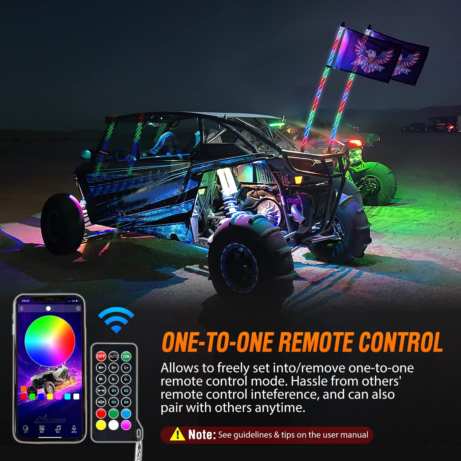 Nilight 2PCS 4FT RGB LED Whip Lights, Remote App Control w/DIY Chasing Patterns Stop Turn Reverse Modes Safety Lighted Antenna for ATV UTV Polaris RZR Can-am Dune Buggy Jeep