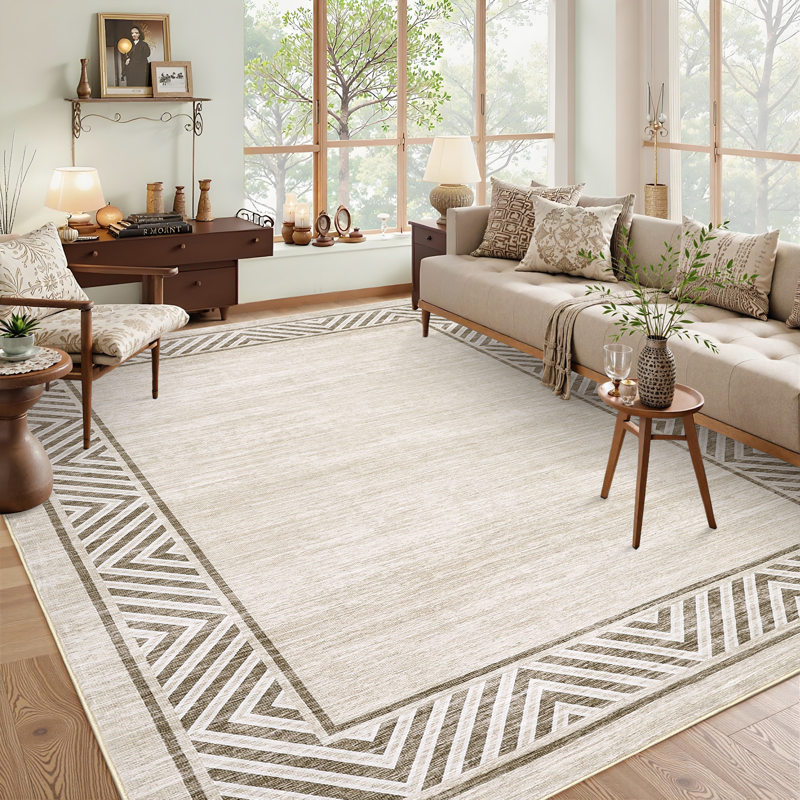 Garvee 9'x12' Geometric Bordered Area Rug Living Room Carpet, Washable Rug Non-Slip Non-Shedding Low Pile Floor Mats for Bedroom Home Office, Beige