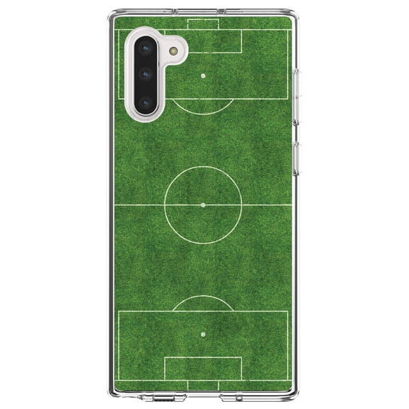 DistinctInk Clear Shockproof Hybrid Case for Samsung Galaxy Note 10 (6.3" Screen) - TPU Bumper, Acrylic Back, Tempered Glass Screen Protector - Soccer Field Layout