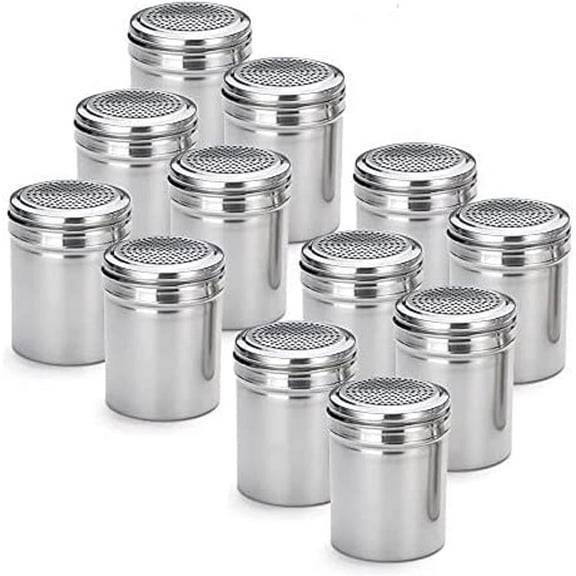 TrueCraftware- Set of 12 Stainless Steel 10 Ounce Dredge Shakers without Handle - Cheese Shakers Chili Flakes Powder Shaker Sugar Spice Seasoning Cans for Kitchen Cooking Baking Home Restaurant