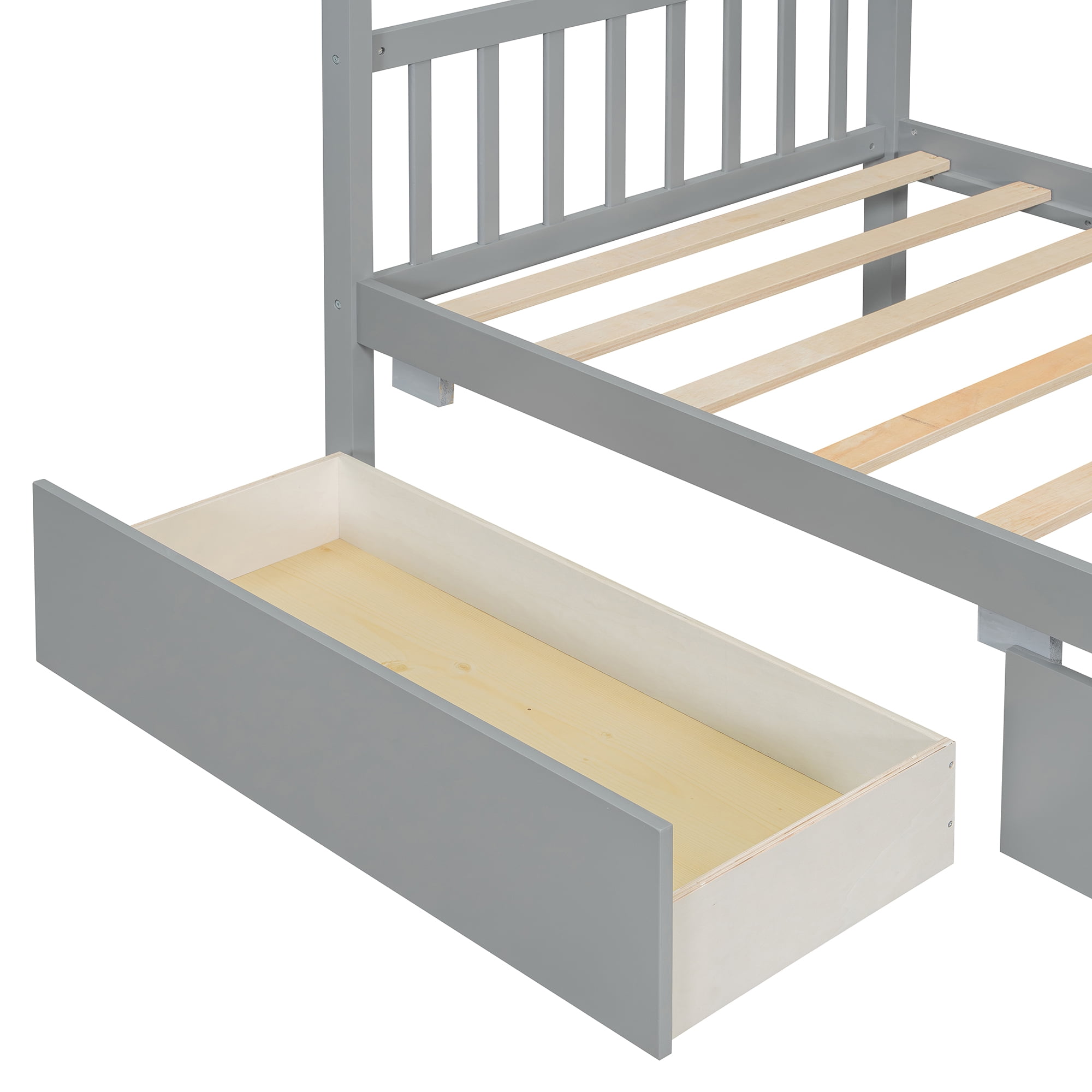 Aukfa Twin Size House Bed with Two Storage Drawers for Kids, Solid Wood Montessori Bed Frame, Gray