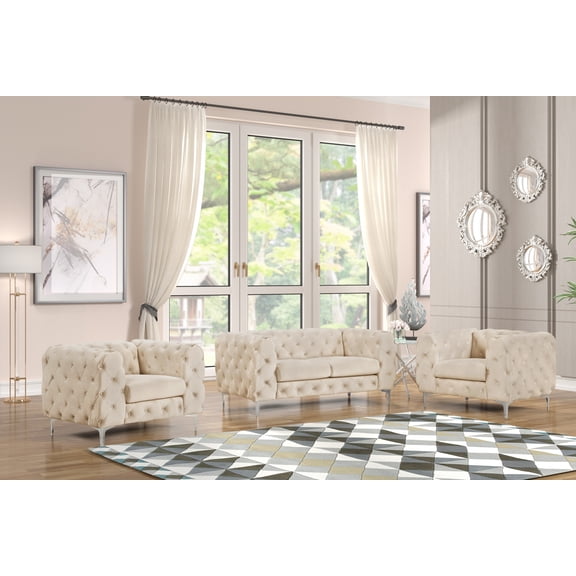 Florence 3 Pieces Button Tufted Beige color Velvet Fabric Livingroom Set - 1 Loveseat and 2 Armchairs