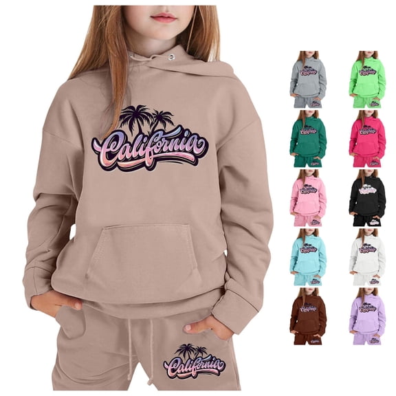 GobdXE Girls 2 Piece Hoodie Sweatpants Set California Palm Tree Print Long Sleeve Pullover Tracksuit Casual Outfit for Kids Girls 12-13 Years,Khaki