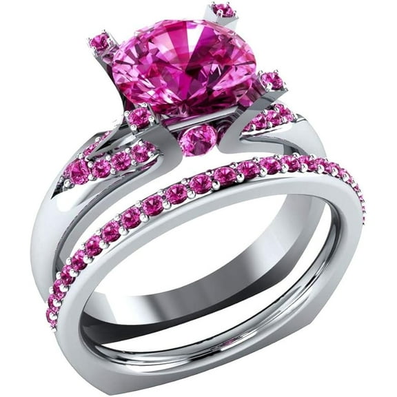 beryl_creation 1.45 Ct Round Cut Pink Sapphire Wedding Engagement Bridal Ring Set 14K White Gold Plated 925 Sterling Silver For Women's -6.5