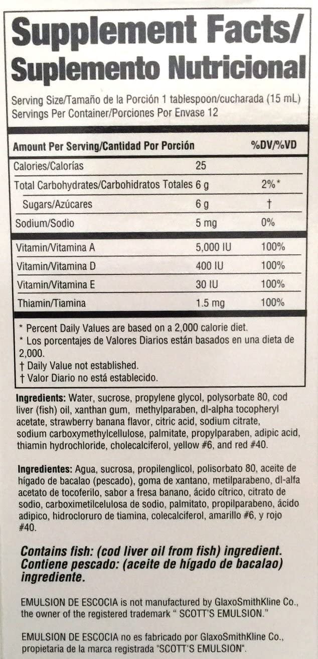 Emulsion De Escocia Cod Liver Oil, Strawberry Banana Flavored 6.50 oz (Pack of 4)