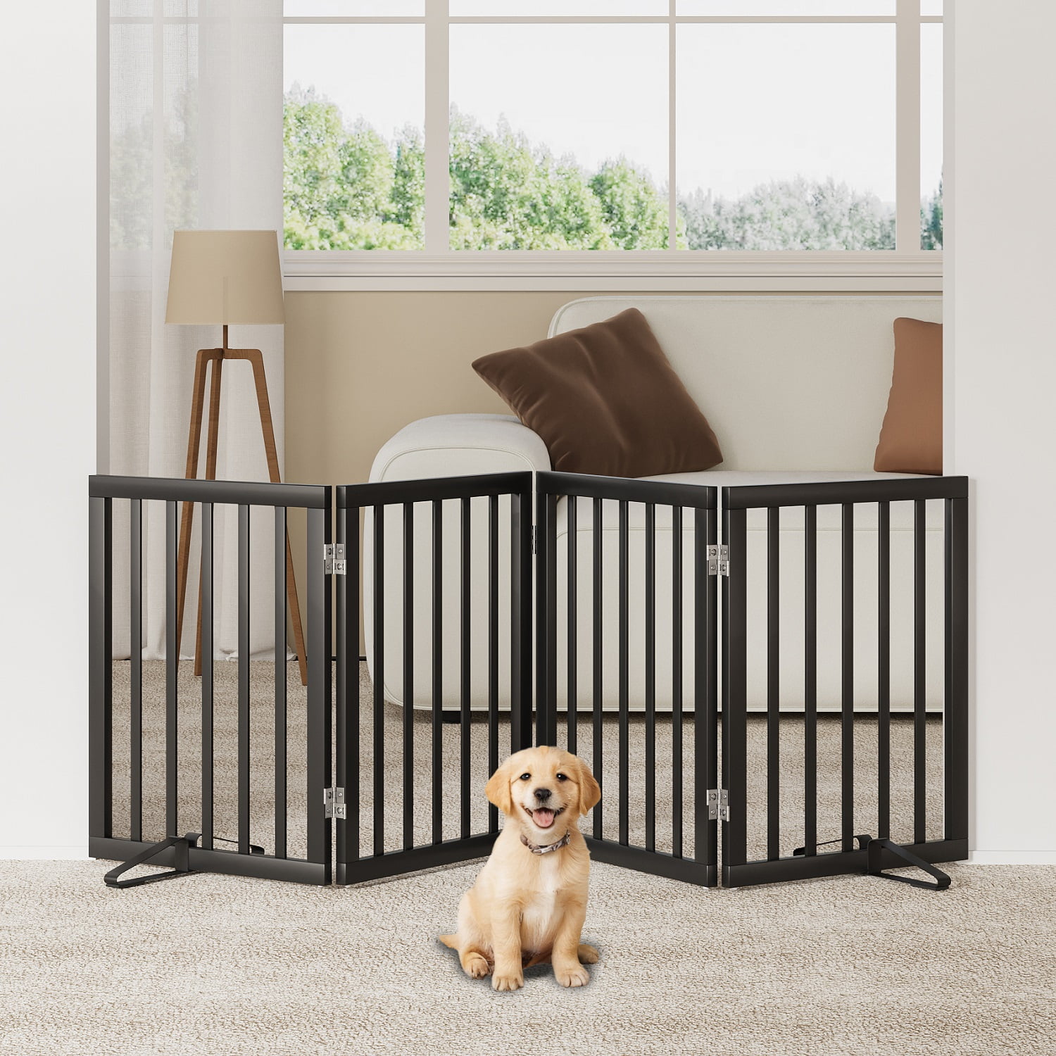 Algherohein Dog Gate for Inside,Bamboo Freestanding Pet Gate for Doorways,Indoor, 24" Black