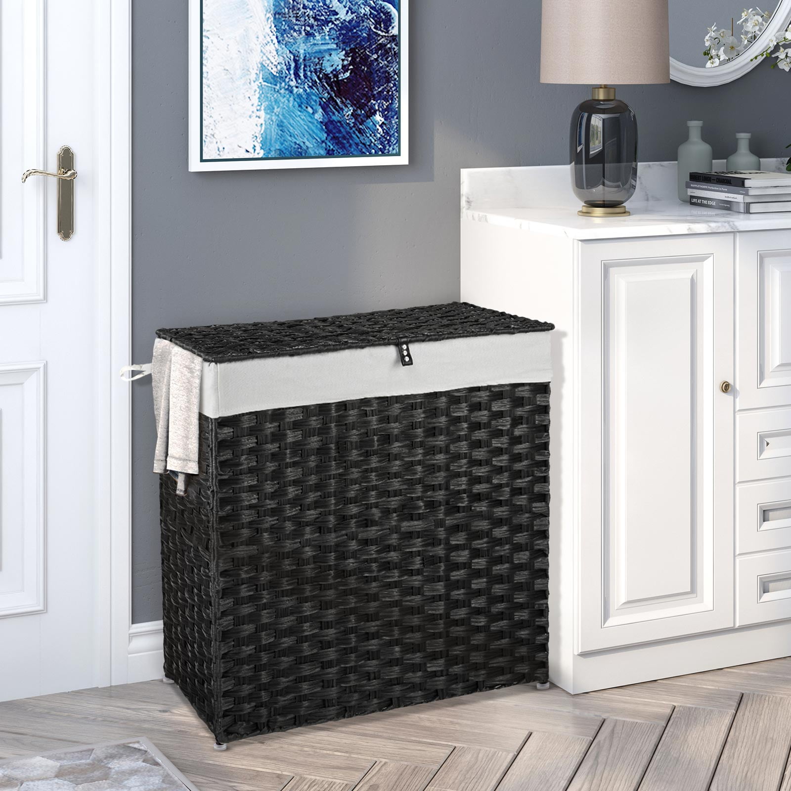 Rolanstar 90L Laundry Hamper with Wheels, No Install Needed, Divided Handwoven Hampers & 2 Removable Liner Bags, Synthetic Rattan Clothes Laundry Basket with Lid & Handles, Foldable Hampers Gray