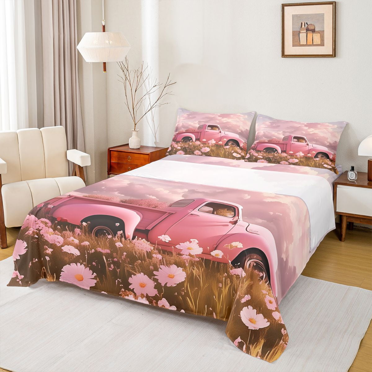 Castle Fairy Cartoon Rescue Vehicle Queen Sheet Sets 4 Pieces for Kids Cute Fire Police Ambulance Bed Set for Bedroom Light Blue
