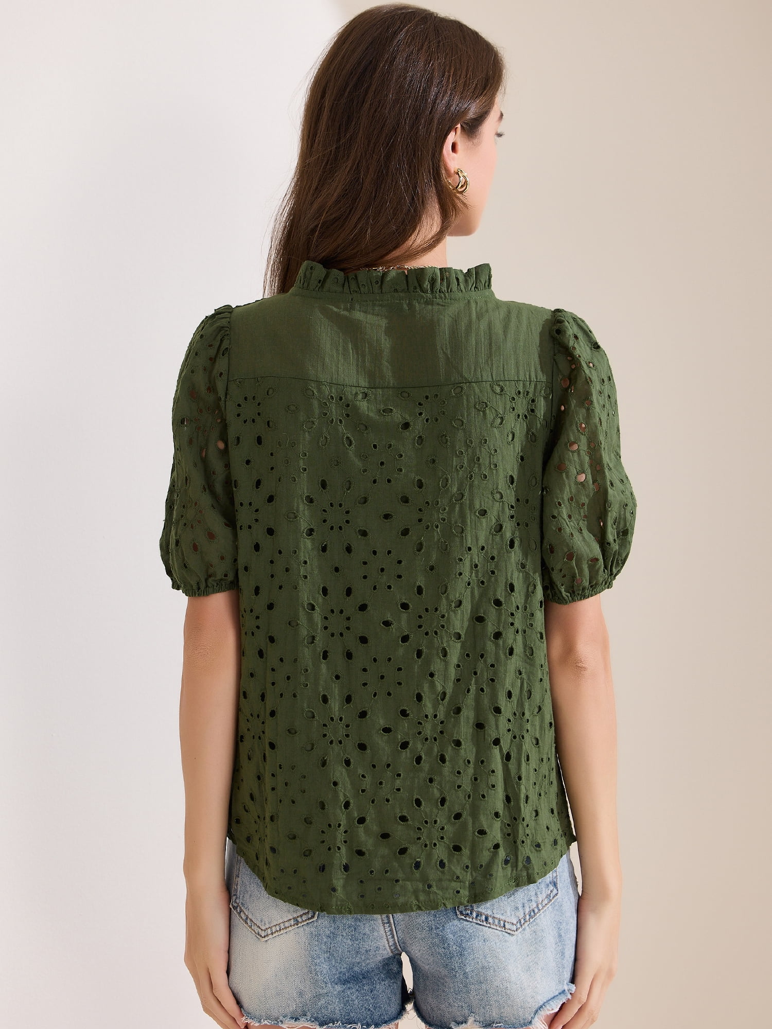 DARING DIVA Women's Crochet Hollow Out Ruffle Neck Peasant Blouse L Green