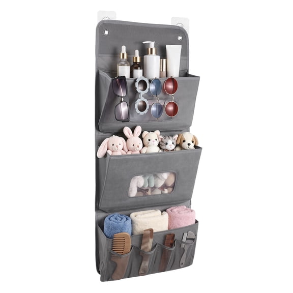 3-Tier Wall Hanging Organizer, Over Door Storage Organizer 90×40cm with Adhesive Hanging Hooks, Clear Windows & Lower Pockets for Bedroom Bathroom Closet Cosmetics Toiletries Towels