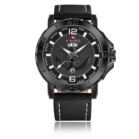 - NAVIFORCE Cool Luminous Quartz Men Watch 3ATM Water-Proof Man Casual Wristwatch Genuine Leather Band Calendar & Week Masculino Relogio + Box