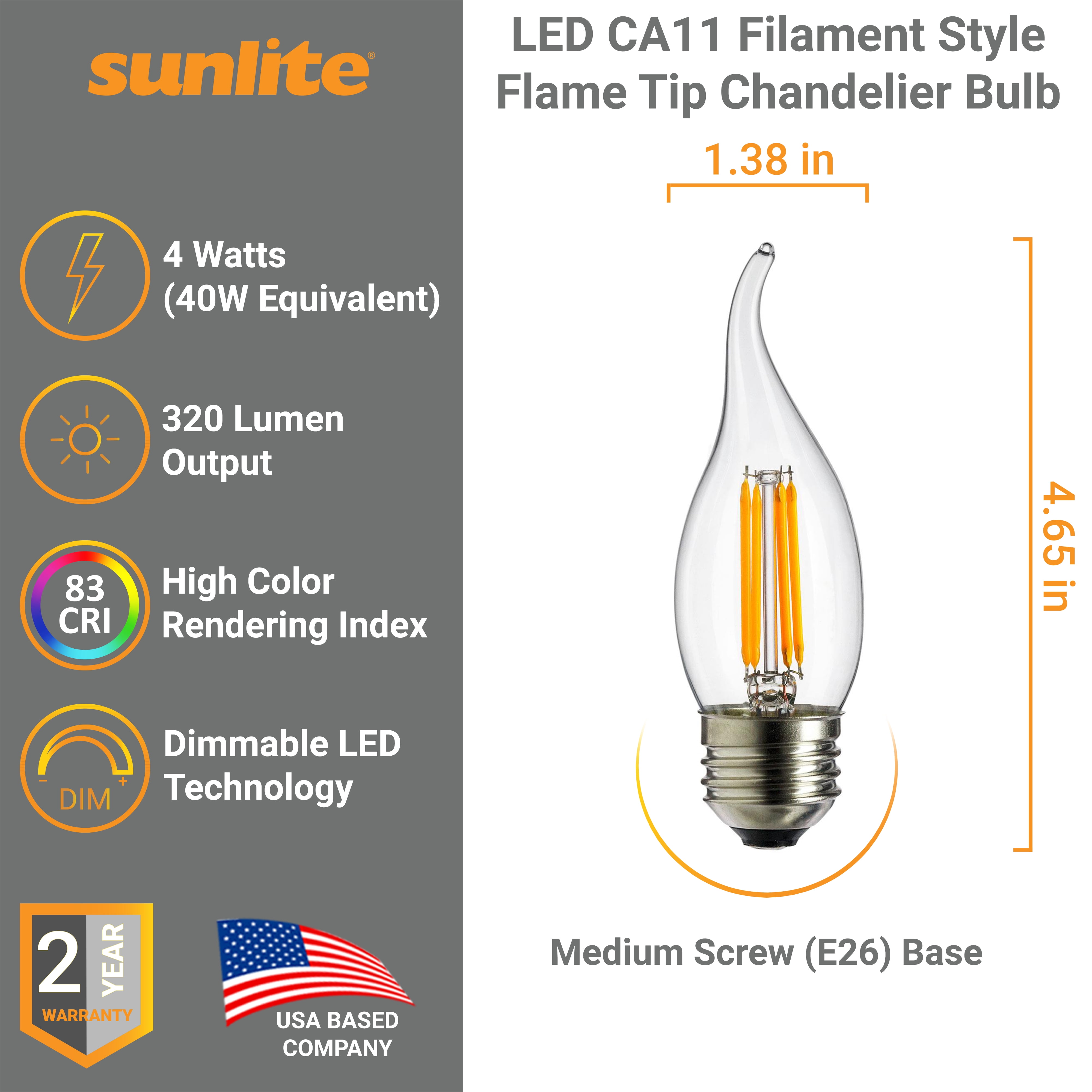 Sunlite LED CA11 Flame Tip Chandelier Light Bulb, 4 Watts (40W Equivalent), Medium E26 Base, Dimmable, Edison Style, 1800K Candle Light, 6 Pack