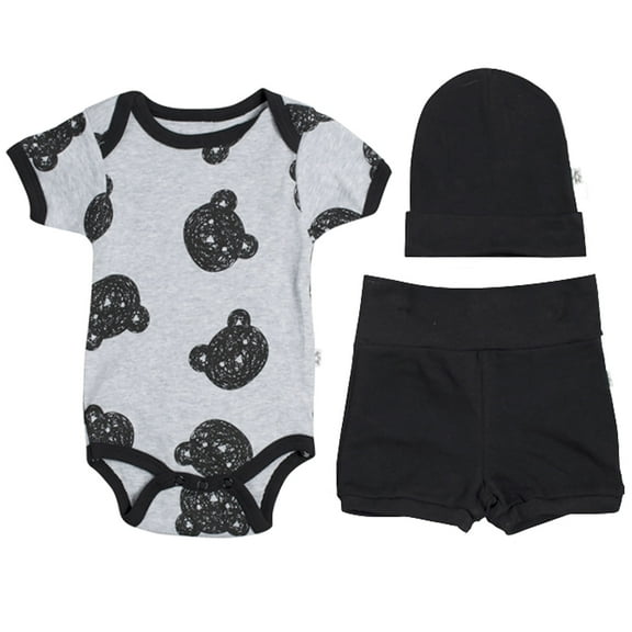 3 Piece Black and Gray Bear Baby Layette - Sleep and Play Outfit - Gift Set