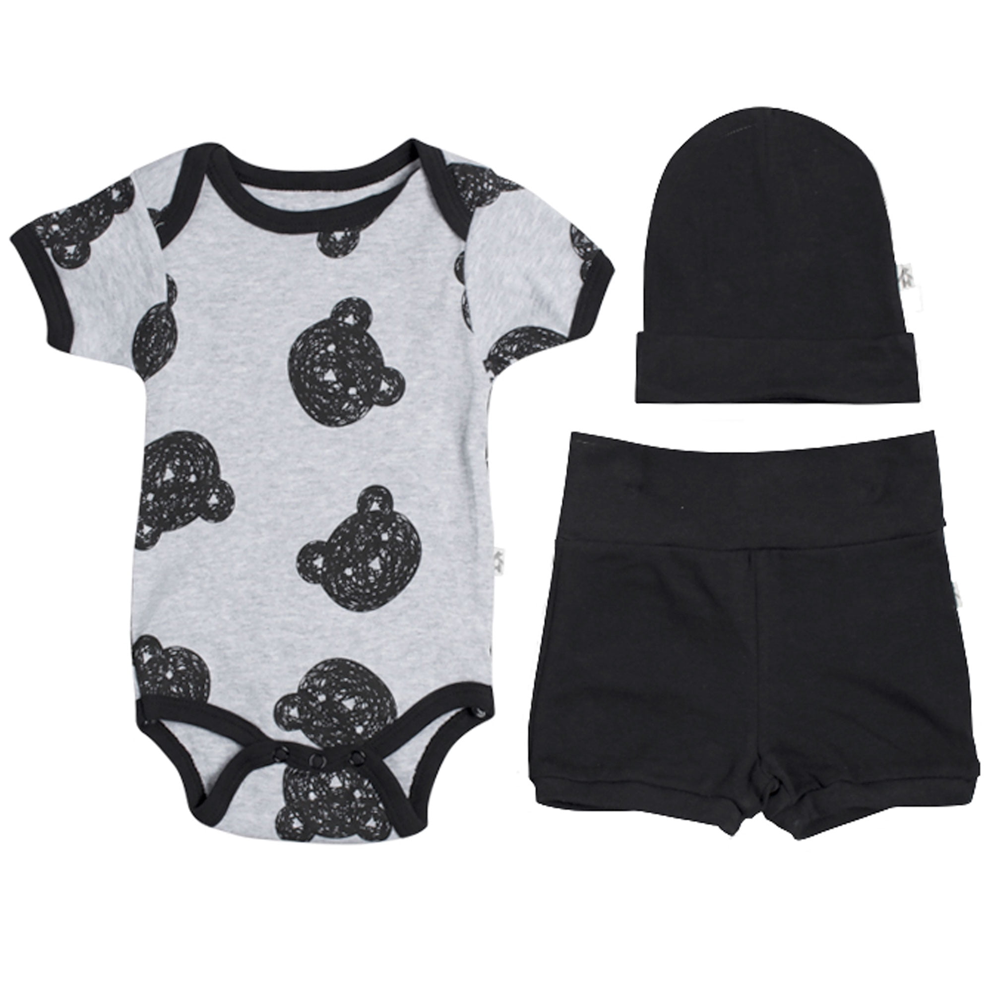 3 Piece Black and Gray Bear Baby Layette - Sleep and Play Outfit - Gift Set