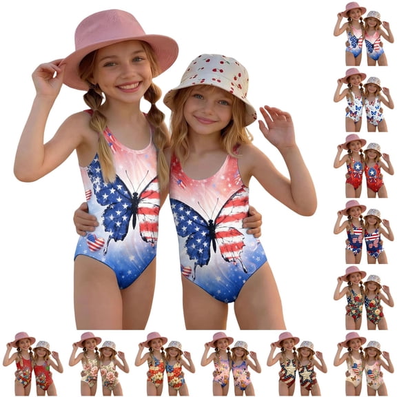 4th of July Swimsuit for Kids Girls Size 6-7 One Piece Swimsuit Summer Patriotic American Flag Butterfly Swimsuits Swim Sleeveless Beach Vacation Happy Festival Bathing Suits Dark Blue 5-6 Years