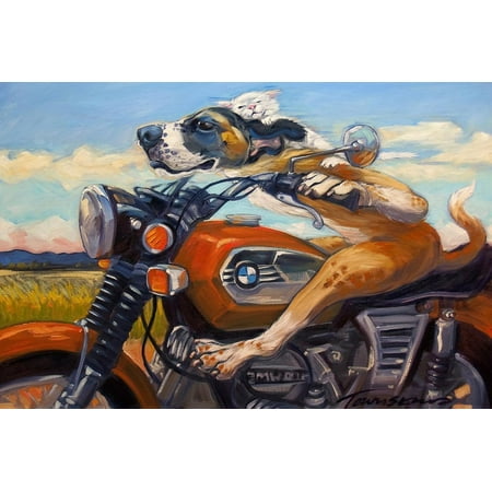 Fast and Furriest Funny Animal Humor Artwork Painting of Dog on Motorcycle Print Wall Art By Connie R. (Best Paper For Printing Artwork)