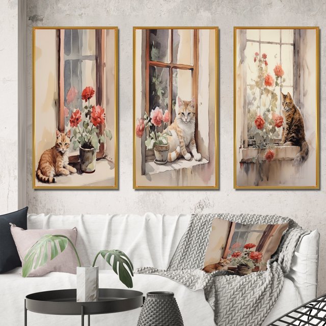 Designart "Watercolor Orange Cat on Windowsill" Animals Cat Framed Wall Art Set Of 3 - Brown Cat Frame Canvas Set For Living Room Decor