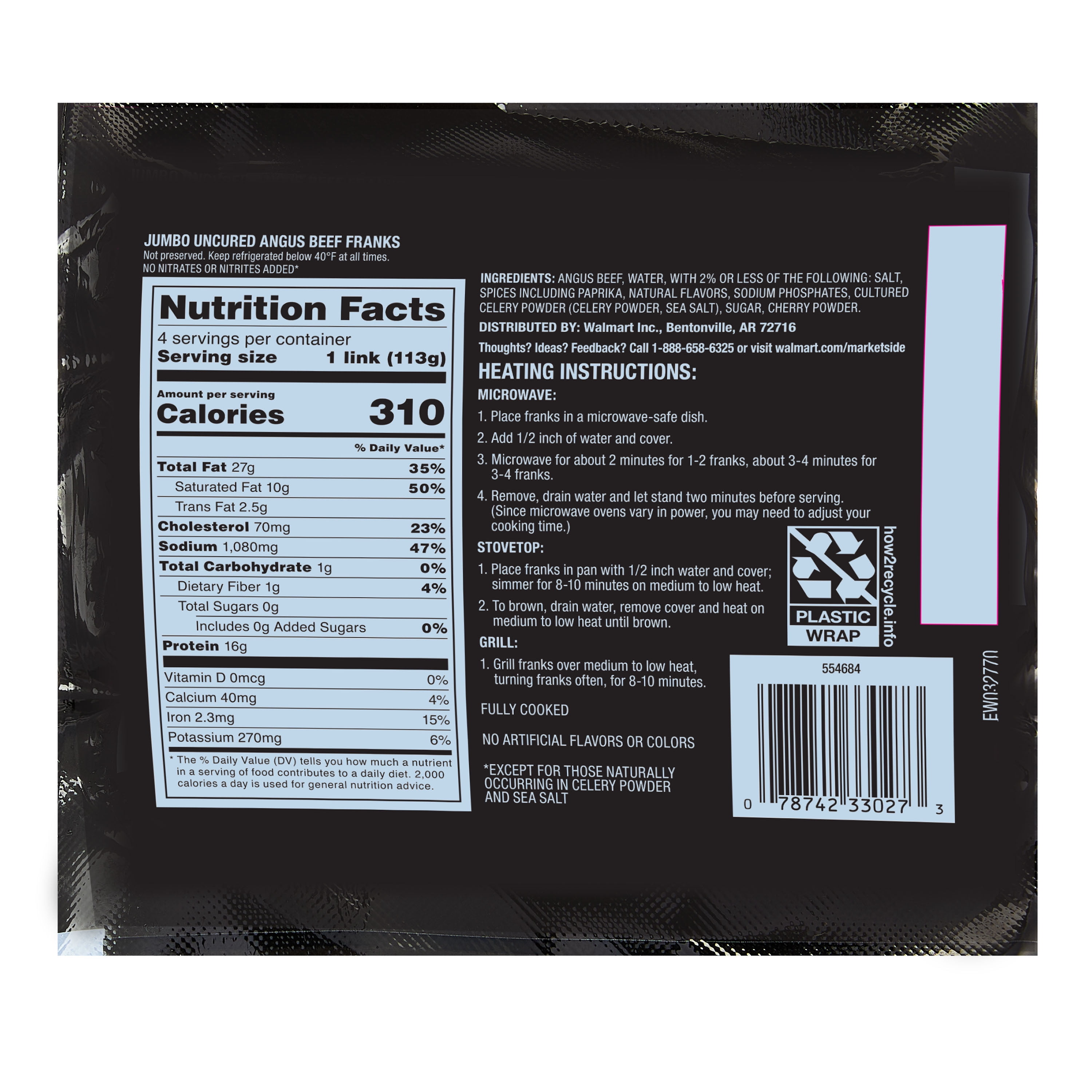 Marketside Fully Cooked Jumbo Uncured Angus Beef Frank 4 Count, 16oz (Refrigerated), Vac Packed Film