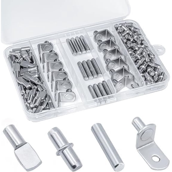 120 count Shelf Pins Kit,4 Styles Nickel Plated Shelf Support Pegs,Plated Shelf Pins Holders for Bookcase Kitchen Closet Shelf Shelves Furniture Cabinet,5mm (1/4 inch) cabinet shelf pegs