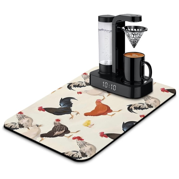 Rooster and Wildflowers Coffee Station Mat - Rustic Non-Slip Drying Pad