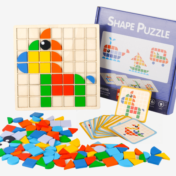 Flynow Wooden Mosaic Puzzle, 137 Shape Pattern Blocks, Learning Educational Montessori Toy, Christmas Birthday Gift for Toddler Kids Boy Girl 3 4 5 6 7 Year Old