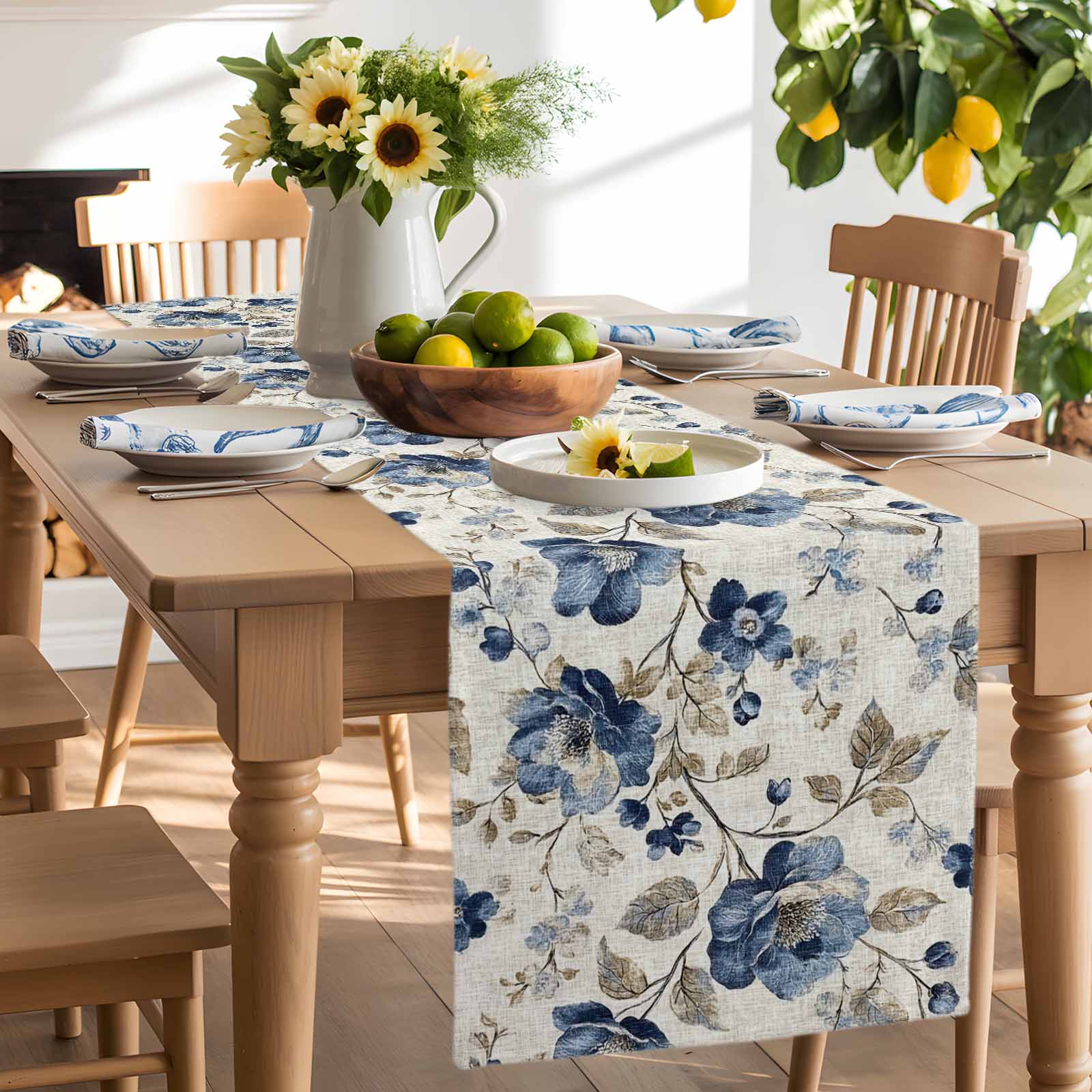 Blue Gray Spring Floral Cotton Linen Table Runner for Dining Kitchen, Vintage Botanical Wedding Outdoor Party Tablerunners Decoration, Dresser Scarf Coffee Tablecloth Runners 13x72 Inches