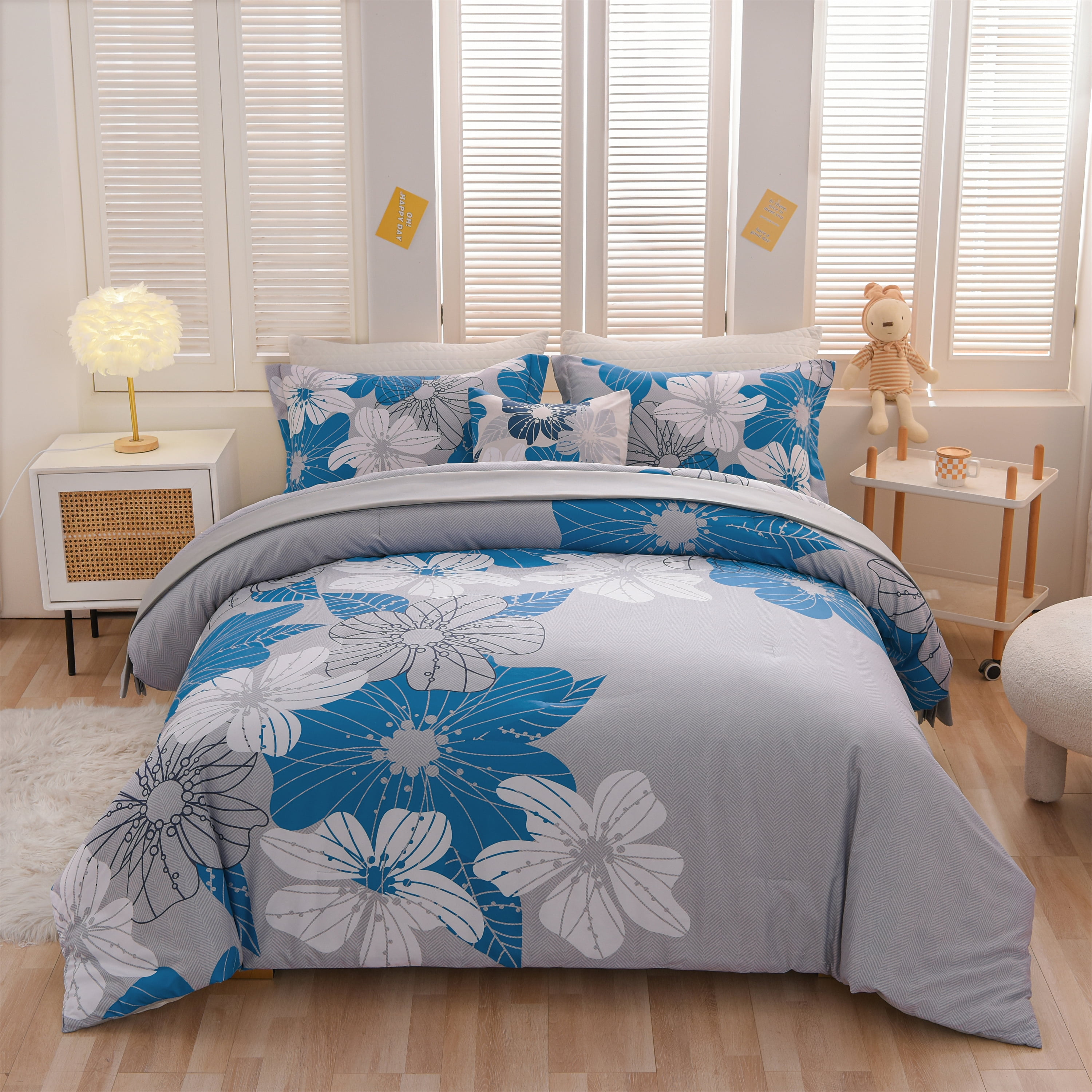 Btargot 6PCS Bed-in-a-Bag Queen Blue Flower Comforter Set Adult Soft Botanical Boho Bedding Set