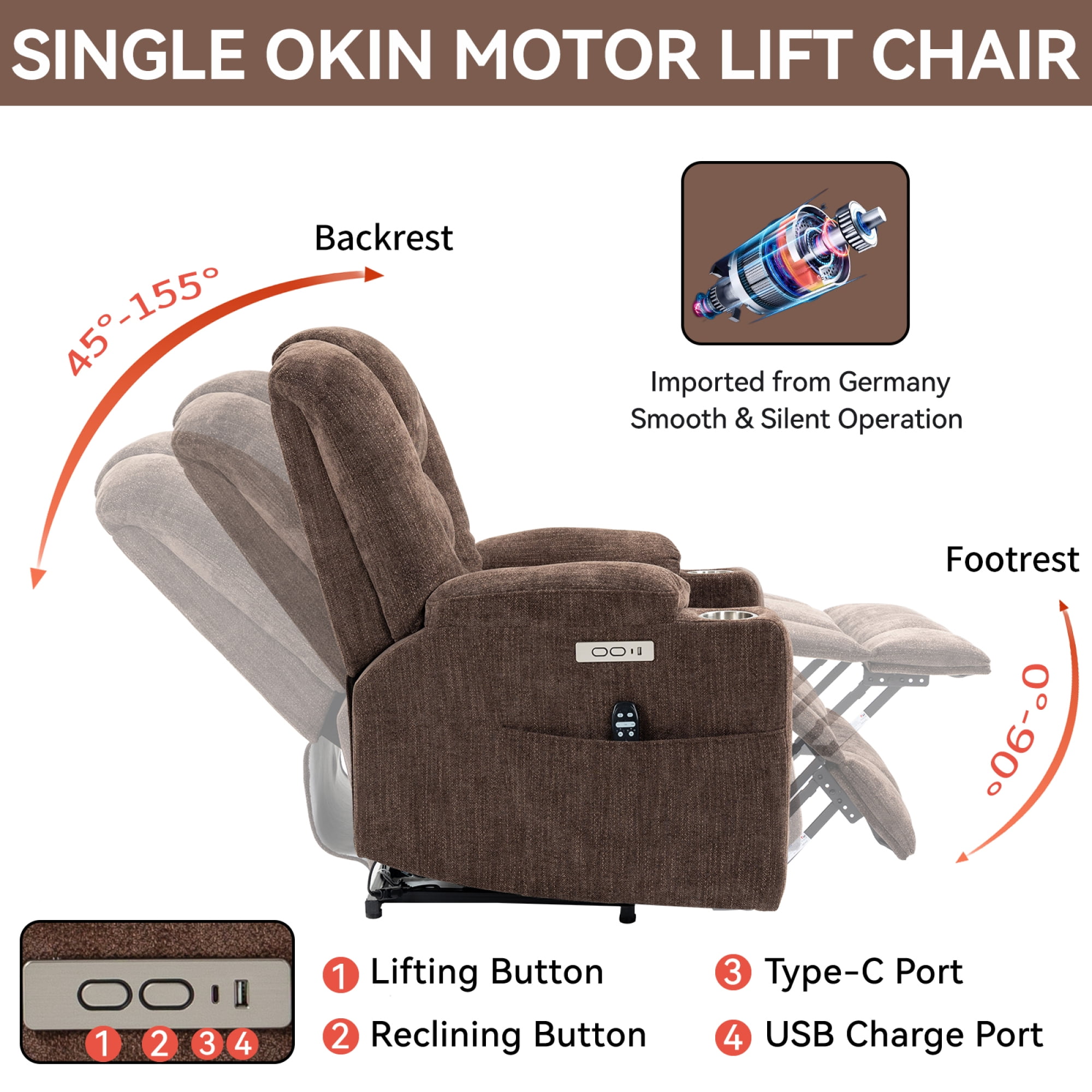 Large Power Lift Recliner Chair with Massage and Heat for Elderly,Chenille Overstuffed Wide Recliners with USB and Type C Ports, 2 Steel Cup Holders,Brown