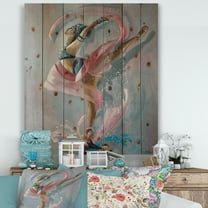 Designart 'Graciously Dancing Girl In Pink Drapes' Traditional Print on Natural Pine Wood