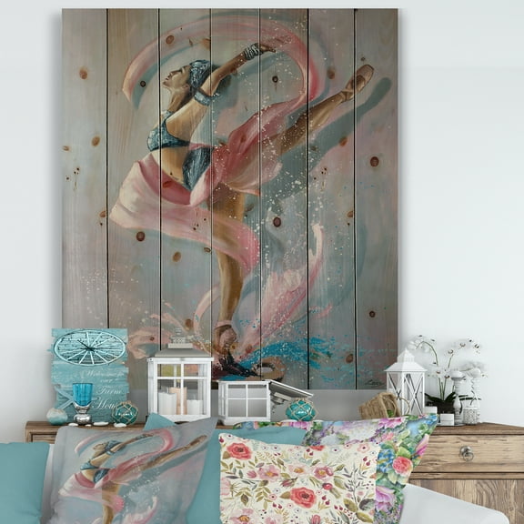 Designart 'Graciously Dancing Girl In Pink Drapes' Traditional Print on Natural Pine Wood