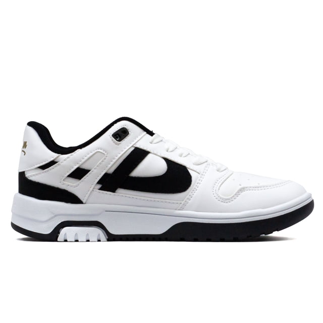 tenis panam para hombre 0108190016 blanco ZAPATERIAS MEXICO, vista lateral derecha, tenis deportivo de corte sintético blanco con logo negro en panel lateral, forro textil negro en el cuello, ojetero metalizado y suela sintética blanca con banda negra y dibujo de tracción; adecuado para uso casual y caminatas urbanas.