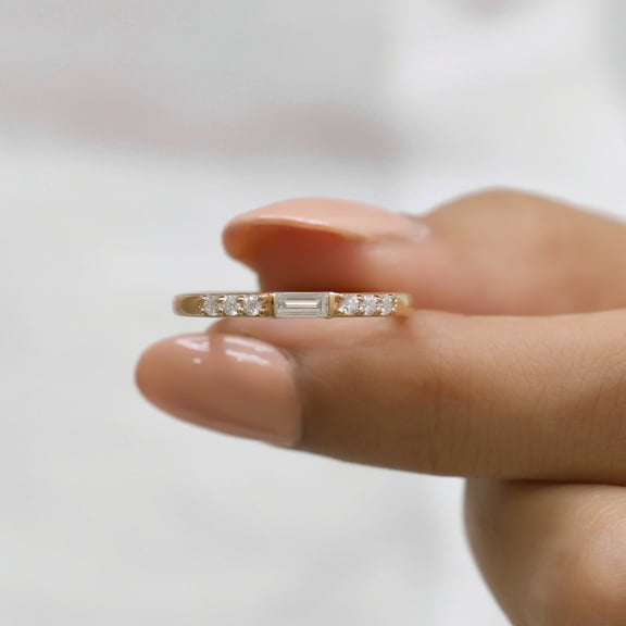 VINSON Seven Stones Band - 0.17 TW Baguette and Round Cut Moissanite Wedding Band - Anniversary Ring Set